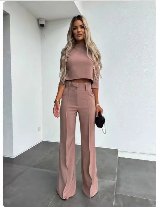 Isabela - Garnitur damski | Top z ukrytym zamkiem, spodnie z szerokimi nogawkami | Elegancki styl do biura
