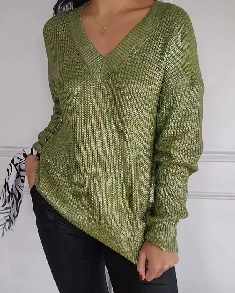 Sweter damski | dekolt V, metaliczne wykończenie