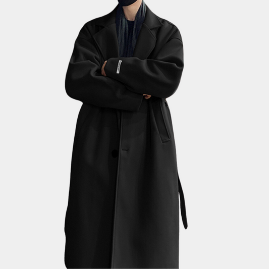 Trencz męski długi | Zapięcie na guziki, luźny krój, klasyczny fason | Elegancki styl na zimę