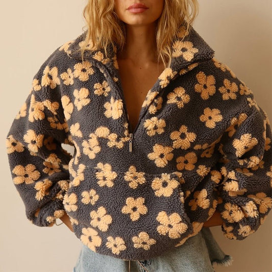 Sweter damski oversize | kwiatowy wzór, dzianina