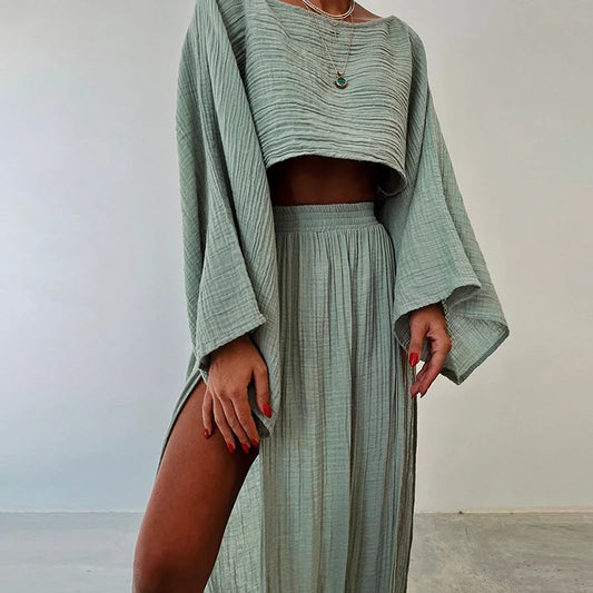 Maliyah - Komplet damski dwuczęściowy | Crop top z długim rękawem, długa spódnica z rozcięciami | Elegancki styl na wyjście