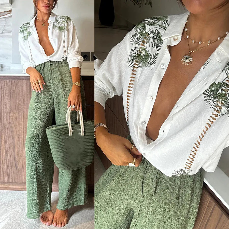 Callie - Komplet damski letni | Luźne spodnie, biała bluzka, wzór | Casualowy styl na lato