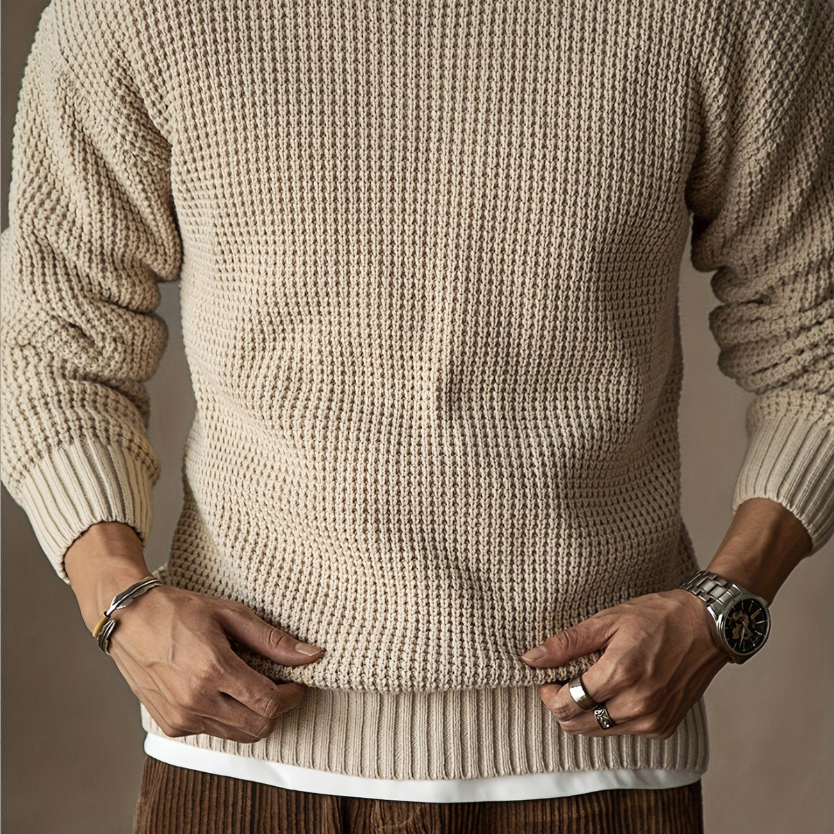 Sweter męski | teksturowana dzianina, okrągły dekolt
