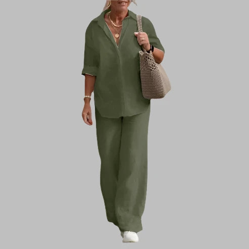 Florisa - Komplet damski letni | Lekka bluzka, dopasowane spodnie, luźny krój | Casualowy styl na plażę