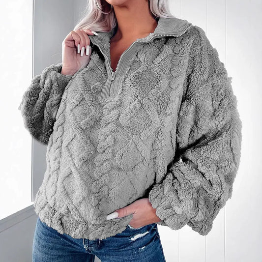 Sweter damski | sztuczne futro, zamek na pół