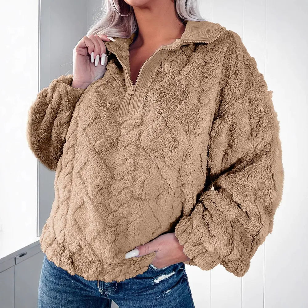 Sweter damski | sztuczne futro, zamek na pół