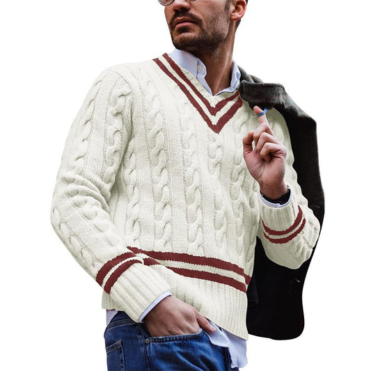 Sweter męski | wzór warkoczowy, dekolt w serek
