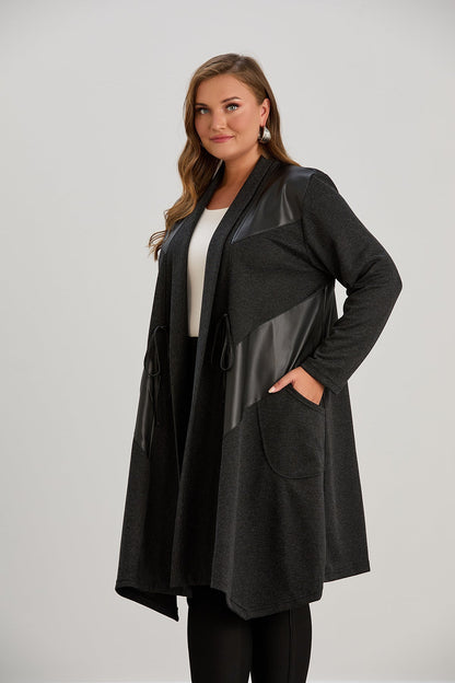 Kardigan damski | plus size, eko-skórne detale
