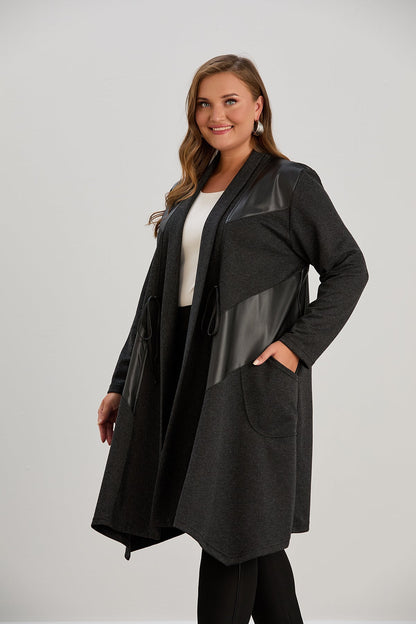 Kardigan damski | plus size, eko-skórne detale