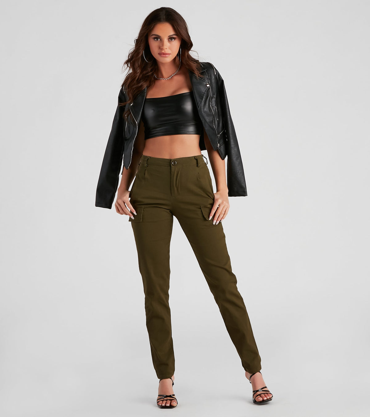 Spodnie cargo damskie | skinny, kieszenie z klapą