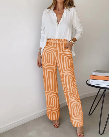 Komplet damski z bawełny i lnu | Przewiewna bluzka, spodnie, pasek w zestawie | Letni styl casual