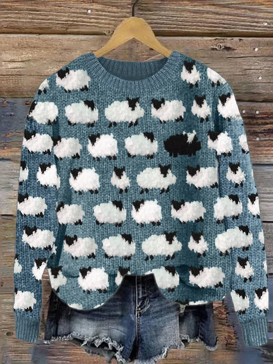 Sweter damski z wełny | Luźny krój, okrągły dekolt, wzór w owce | Styl casual na jesień