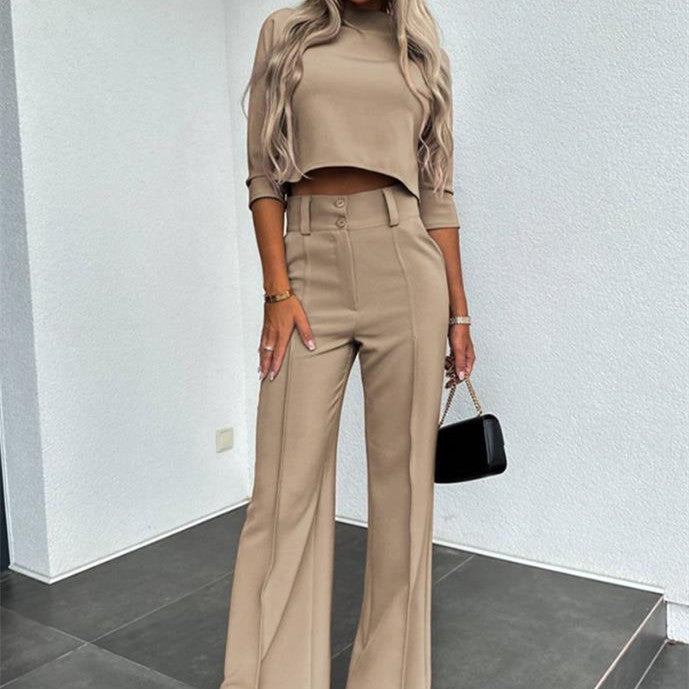 Isabela - Garnitur damski | Top z ukrytym zamkiem, spodnie z szerokimi nogawkami | Elegancki styl do biura