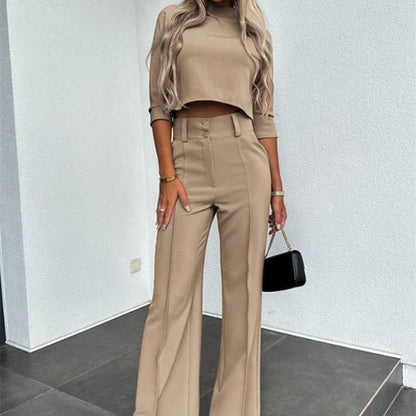 Isabela - Garnitur damski | Top z ukrytym zamkiem, spodnie z szerokimi nogawkami | Elegancki styl do biura