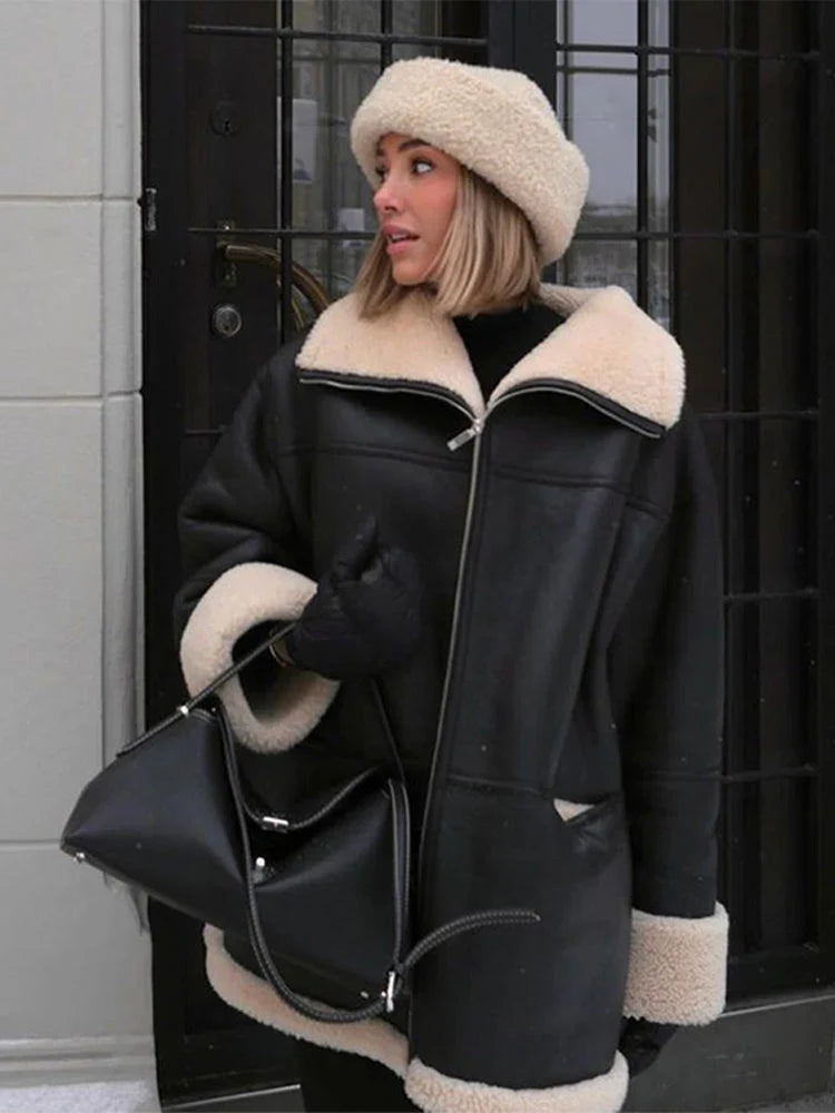 Kurtka damska | shearling, szeroki kołnierz