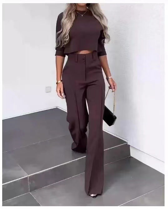 Isabela - Garnitur damski | Top z ukrytym zamkiem, spodnie z szerokimi nogawkami | Elegancki styl do biura