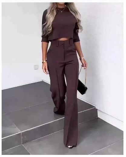 Isabela - Garnitur damski | Top z ukrytym zamkiem, spodnie z szerokimi nogawkami | Elegancki styl do biura