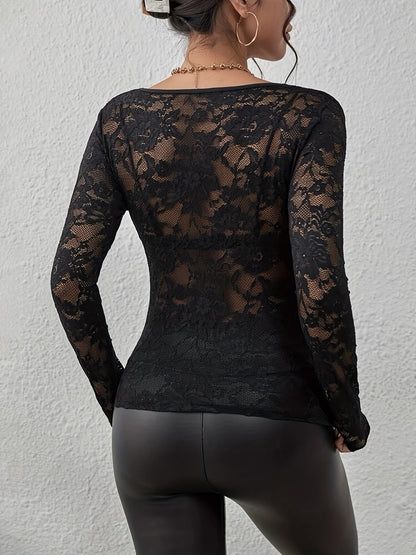 Bluzka damska koronkowa | Koronkowe detale, okrągły dekolt, prosty dół | Elegancki styl na wieczór