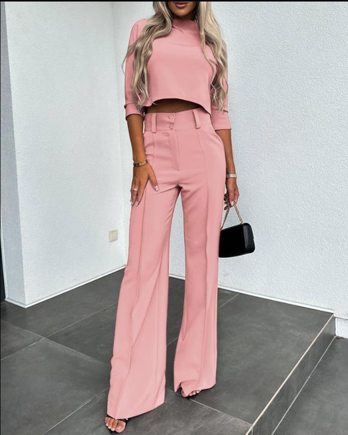 Isabela - Garnitur damski | Top z ukrytym zamkiem, spodnie z szerokimi nogawkami | Elegancki styl do biura