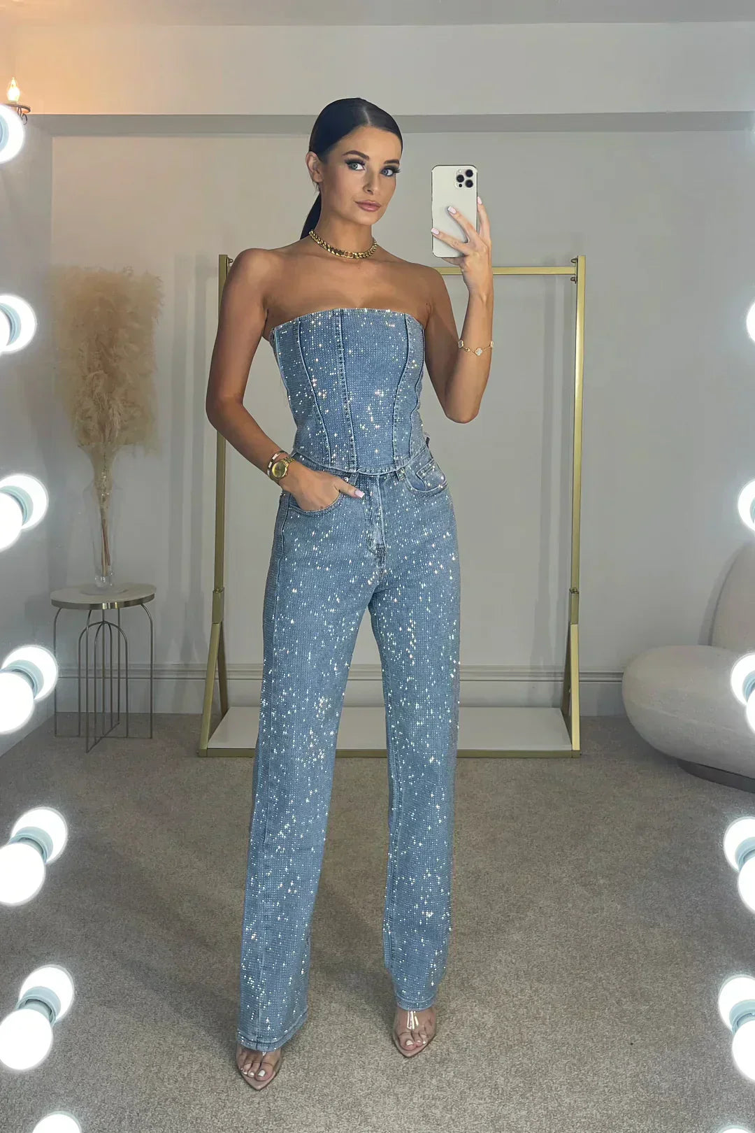 Mckenna - Kombinezon damski wieczorowy | Cekiny, top bez ramiączek, szerokie nogawki | Styl glamour na wesele