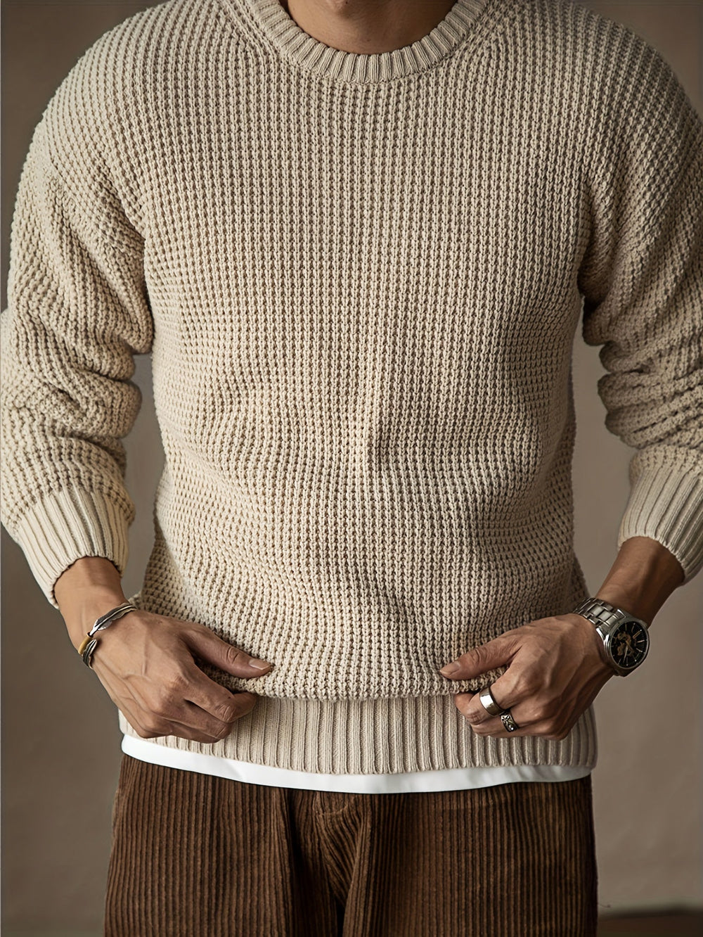 Sweter męski | teksturowana dzianina, okrągły dekolt