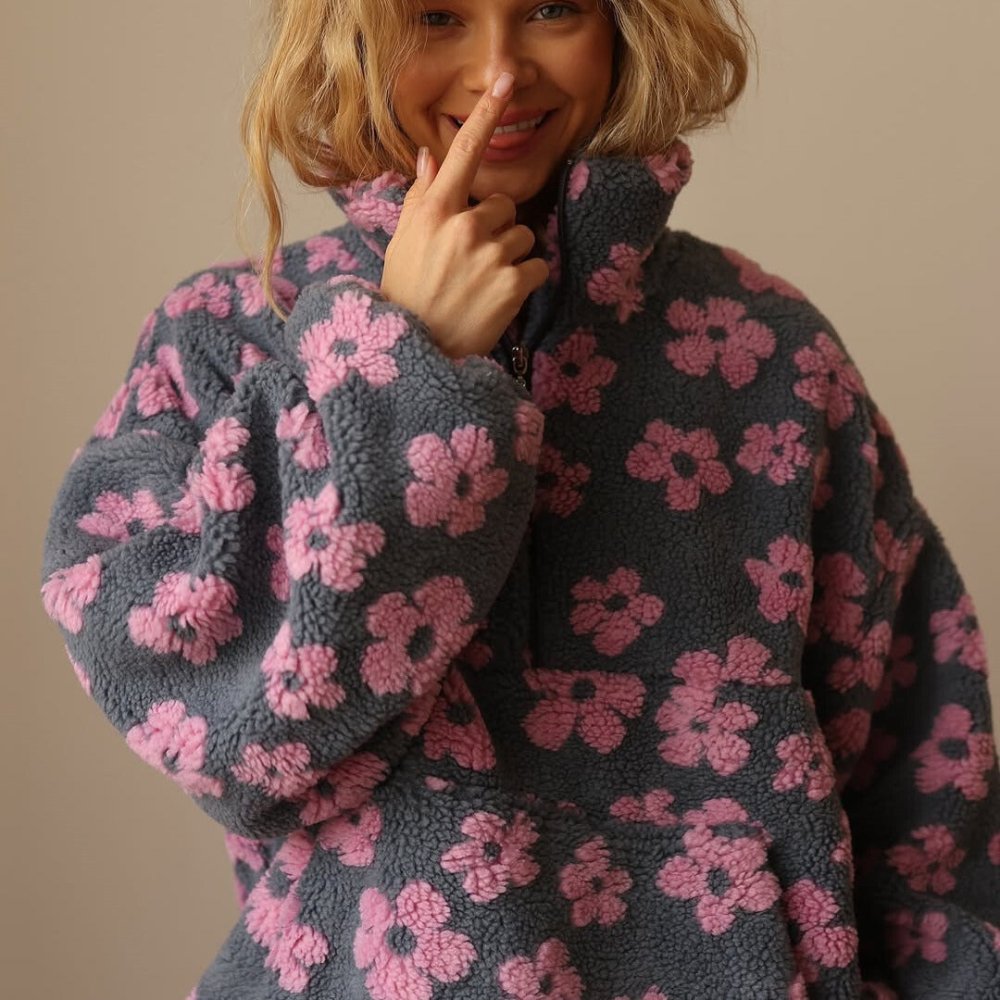 Sweter damski oversize | kwiatowy wzór, dzianina