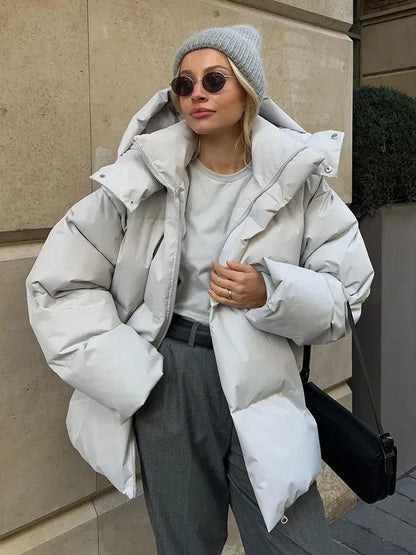 Kurtka puchowa damska | oversize, wysoki kołnierz