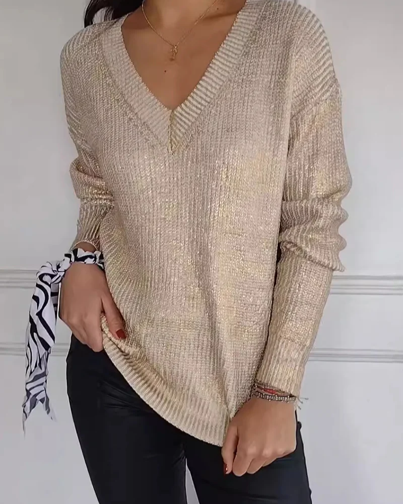 Sweter damski | dekolt V, metaliczne wykończenie