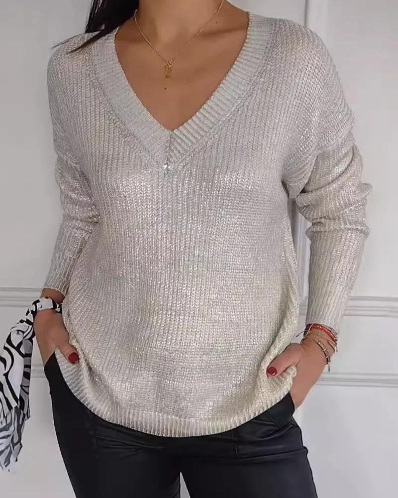 Sweter damski | dekolt V, metaliczne wykończenie