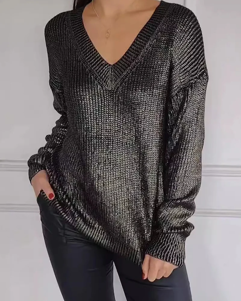 Sweter damski | dekolt V, metaliczne wykończenie
