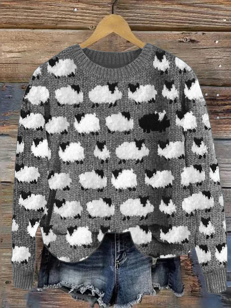 Sweter damski z wełny | Luźny krój, okrągły dekolt, wzór w owce | Styl casual na jesień