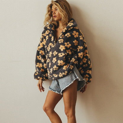 Sweter damski oversize | kwiatowy wzór, dzianina
