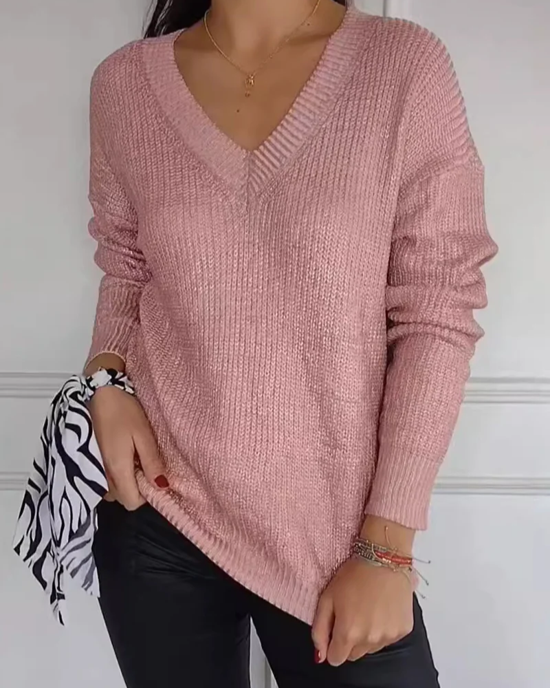 Sweter damski | dekolt V, metaliczne wykończenie