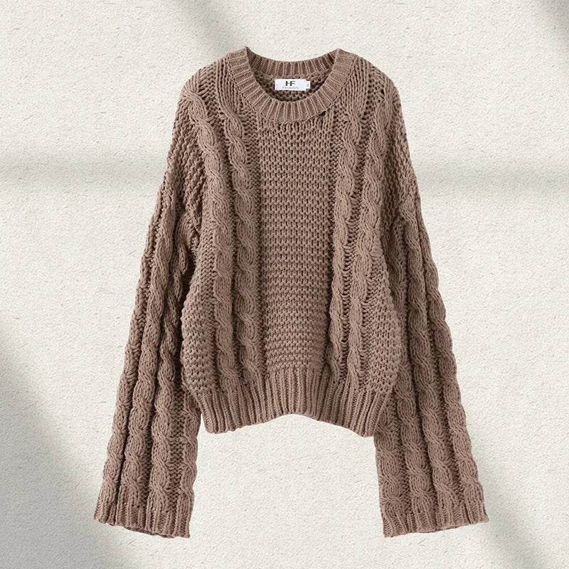 Sweter damski | okrągły dekolt, pleciony wzór
