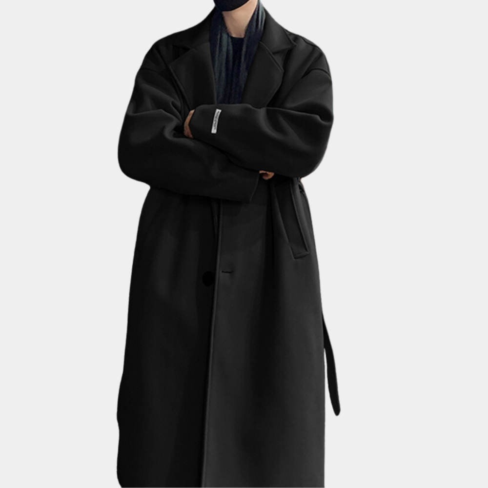 Trencz męski długi | Zapięcie na guziki, luźny krój, klasyczny fason | Elegancki styl na zimę