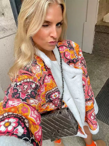 Kurtka boho | podszewka sherpa, wzór wielokolorowy
