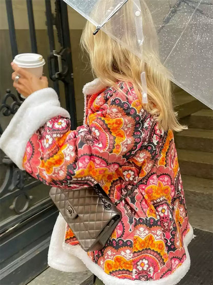 Kurtka boho | podszewka sherpa, wzór wielokolorowy