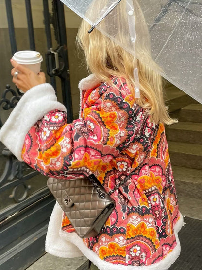 Kurtka boho | podszewka sherpa, wzór wielokolorowy
