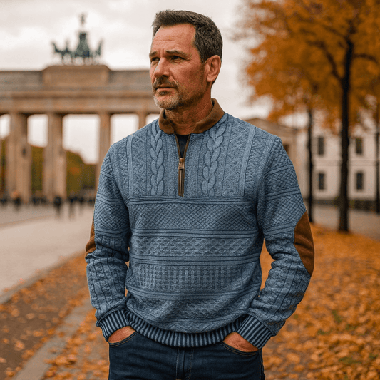 Sweter męski | półzamek, łaty na łokciach