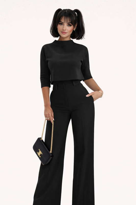 Isabela - Garnitur damski | Top z ukrytym zamkiem, spodnie z szerokimi nogawkami | Elegancki styl do biura