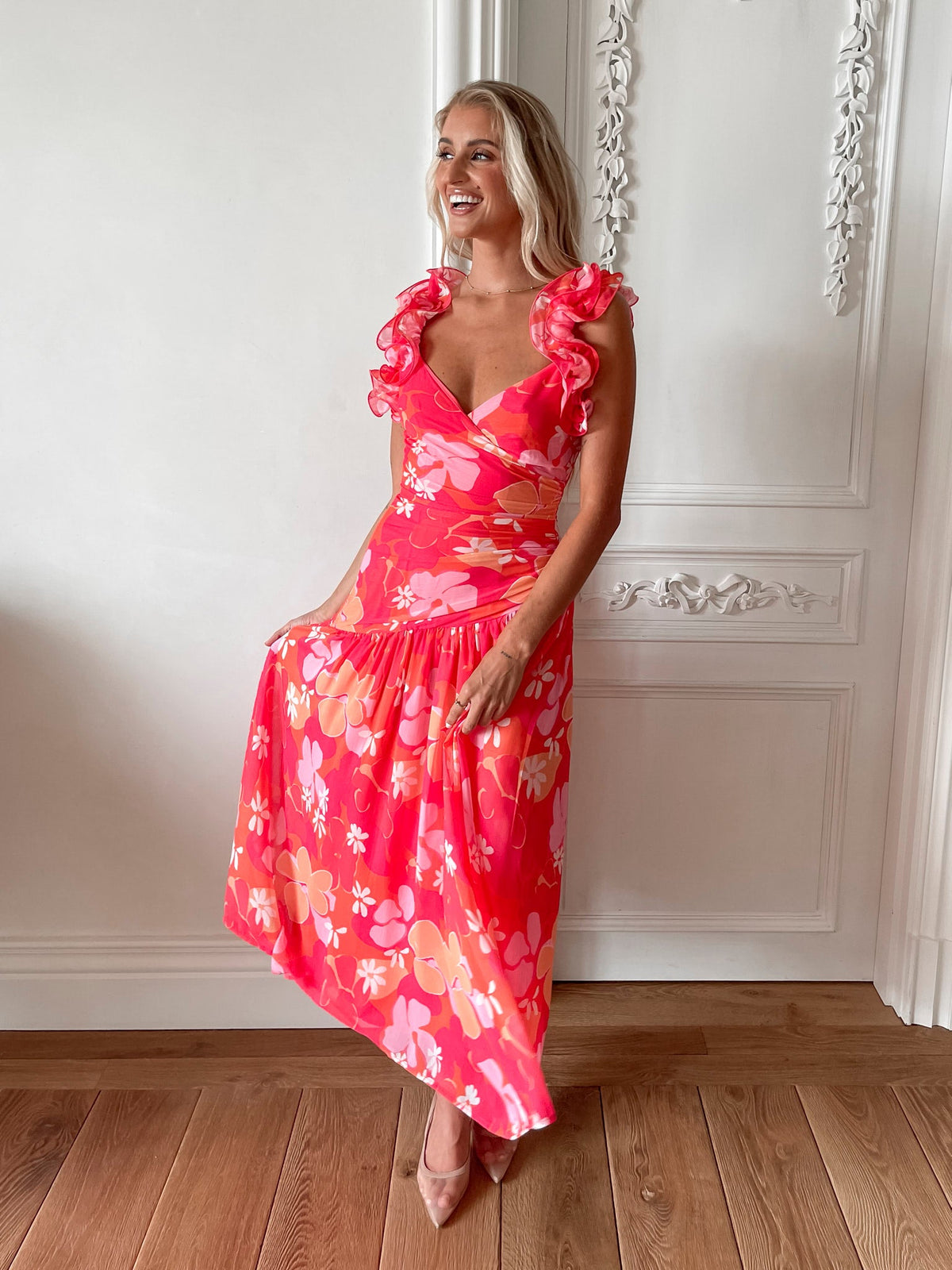 Sukienka maxi | falbana na ramieniu, kwiatowy print