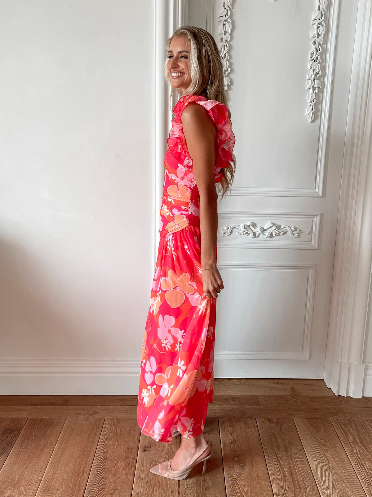 Sukienka maxi | falbana na ramieniu, kwiatowy print