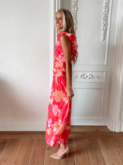 Sukienka maxi | falbana na ramieniu, kwiatowy print