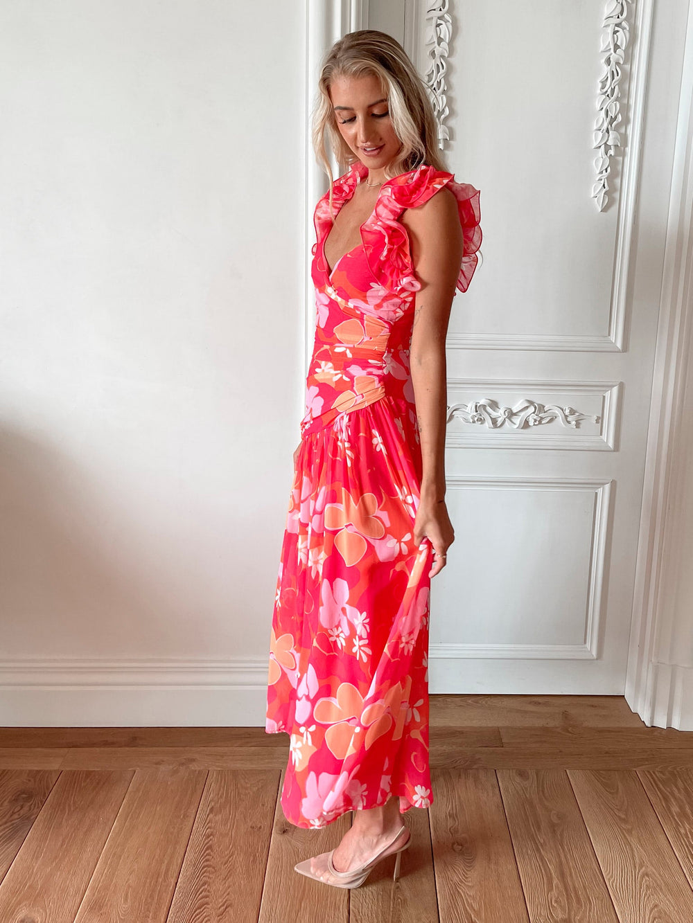 Sukienka maxi | falbana na ramieniu, kwiatowy print