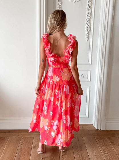 Sukienka maxi | falbana na ramieniu, kwiatowy print
