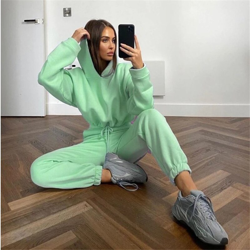 Komplet dresowy damski | bluza z kapturem, wysoki stan