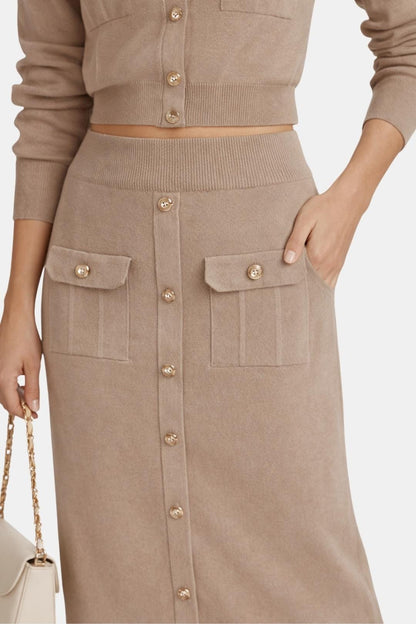 Kharis - Komplet damski dzianinowy | Krótki kardigan z guzikami, spódnica midi z wysokim stanem | Elegancki styl casual