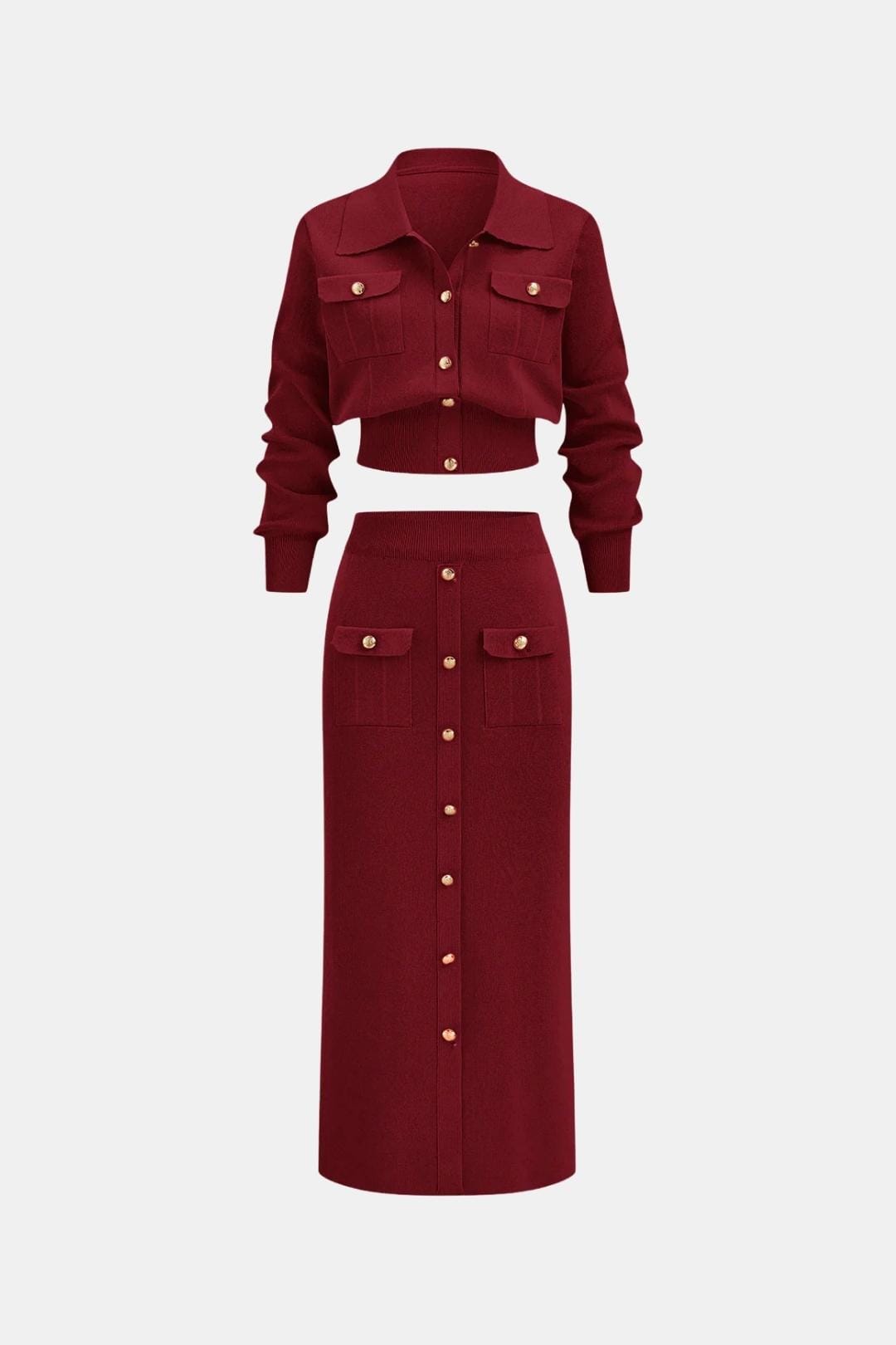 Kharis - Komplet damski dzianinowy | Krótki kardigan z guzikami, spódnica midi z wysokim stanem | Elegancki styl casual