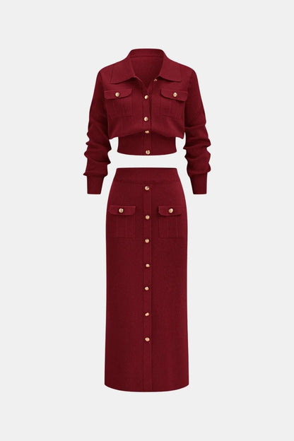 Kharis - Komplet damski dzianinowy | Krótki kardigan z guzikami, spódnica midi z wysokim stanem | Elegancki styl casual