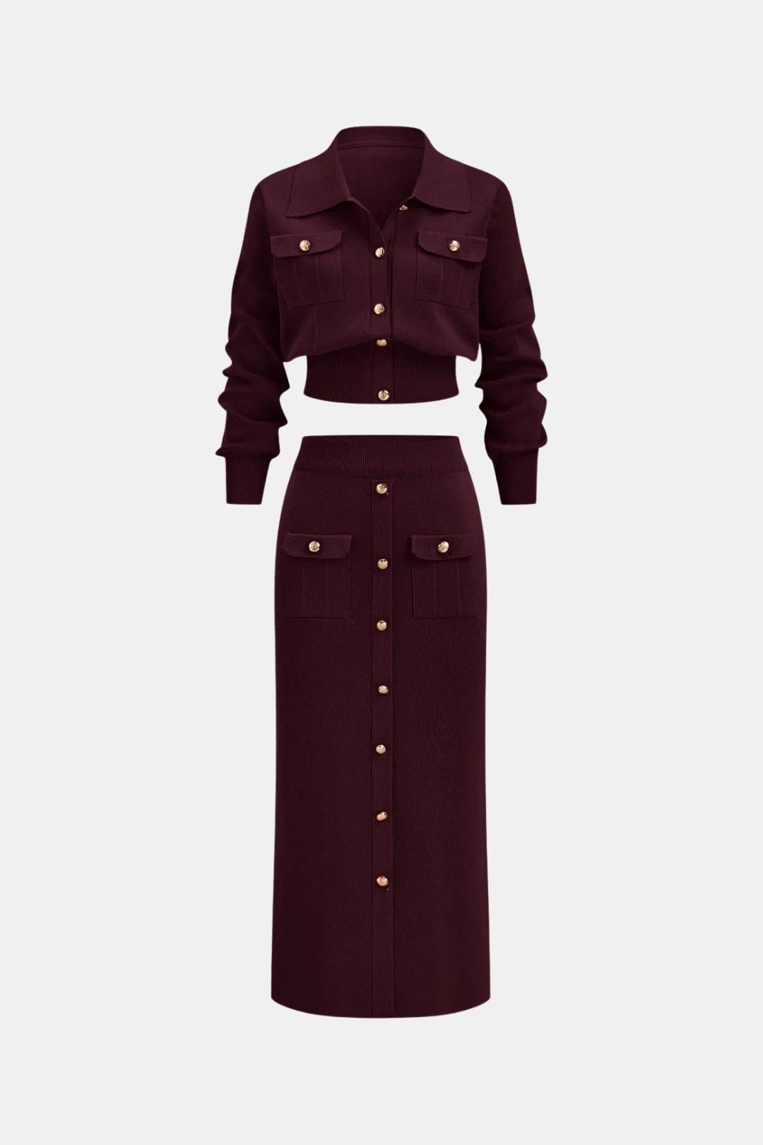 Kharis - Komplet damski dzianinowy | Krótki kardigan z guzikami, spódnica midi z wysokim stanem | Elegancki styl casual
